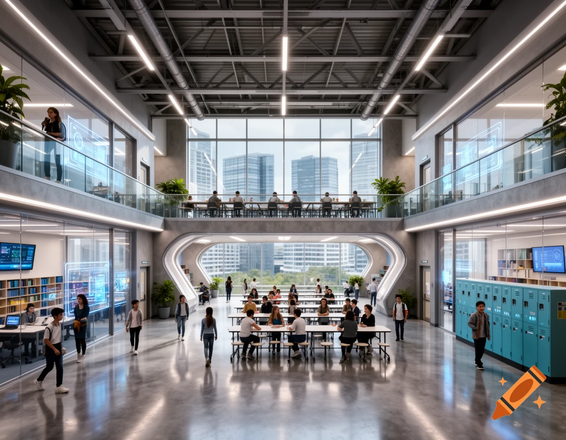 Futuristic high school interior with multiple levels, students walking, and a large central cafeteria, photorealistic.