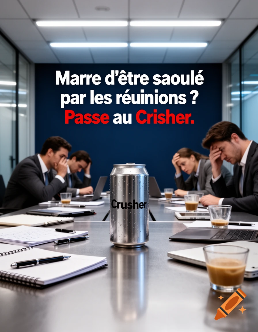 An office boardroom scene with exhausted employees resting their heads, and a silver soda can labeled Crusher in the foreground with French ad text above.