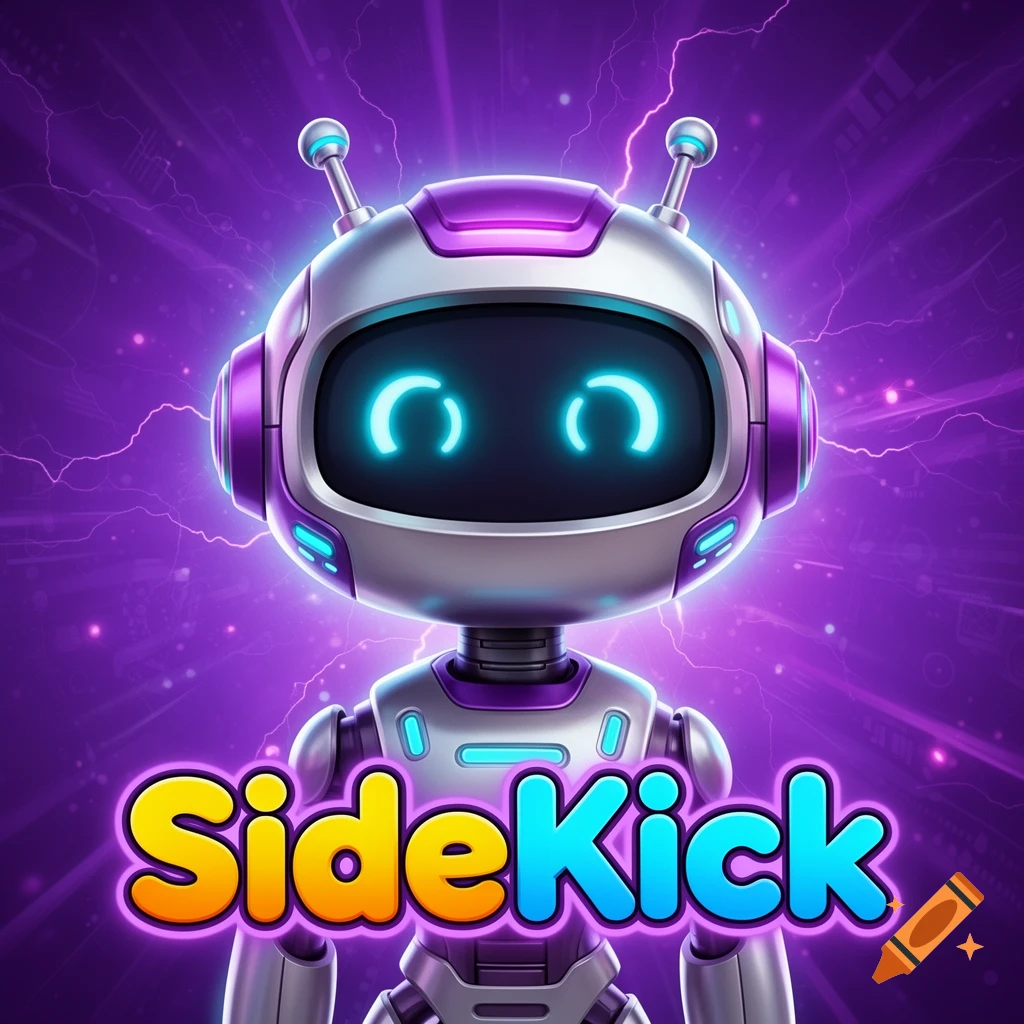 A friendly cartoony robot companion head with glowing cyan eyes against an electric purple background, with the text SideKick at the bottom.
