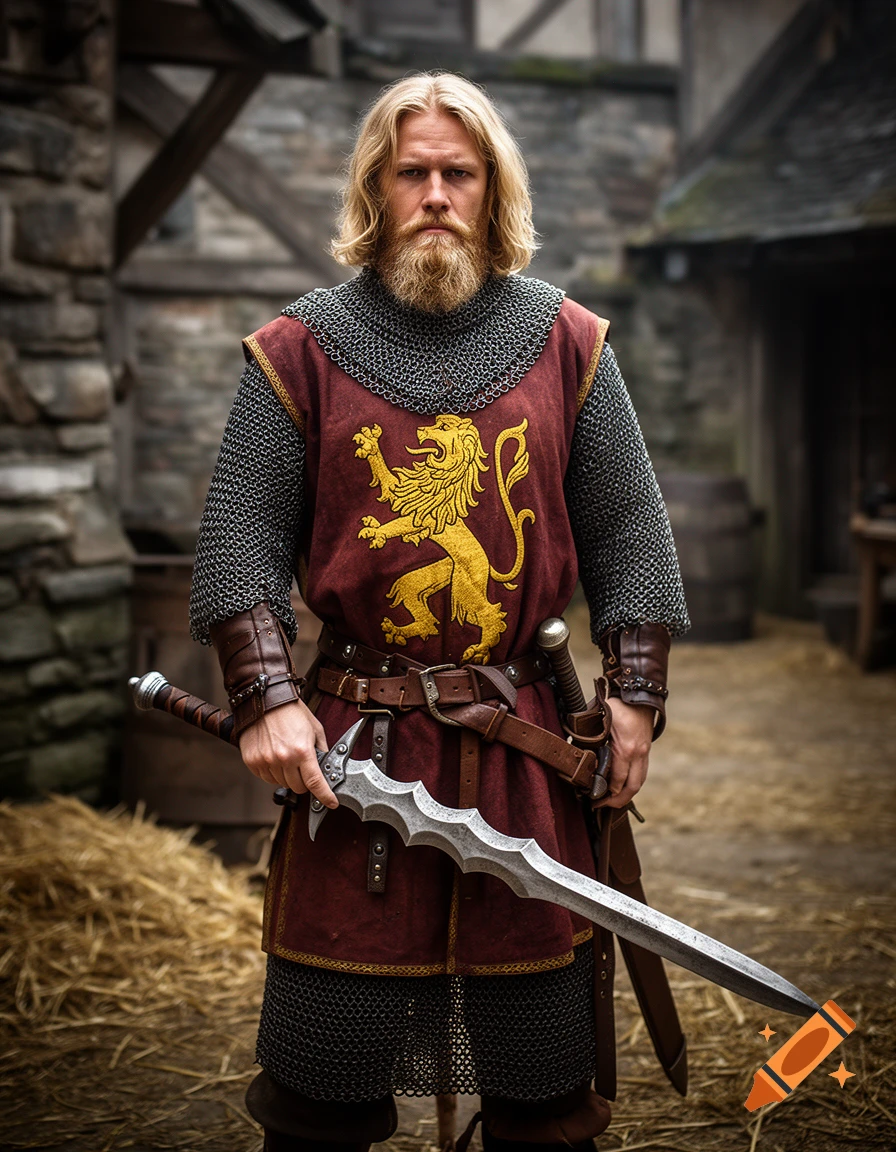 Photorealistic portrait of a blonde male knight with a beard, wearing chainmail and a red tunic with a lion emblem, holding a flamberge sword.