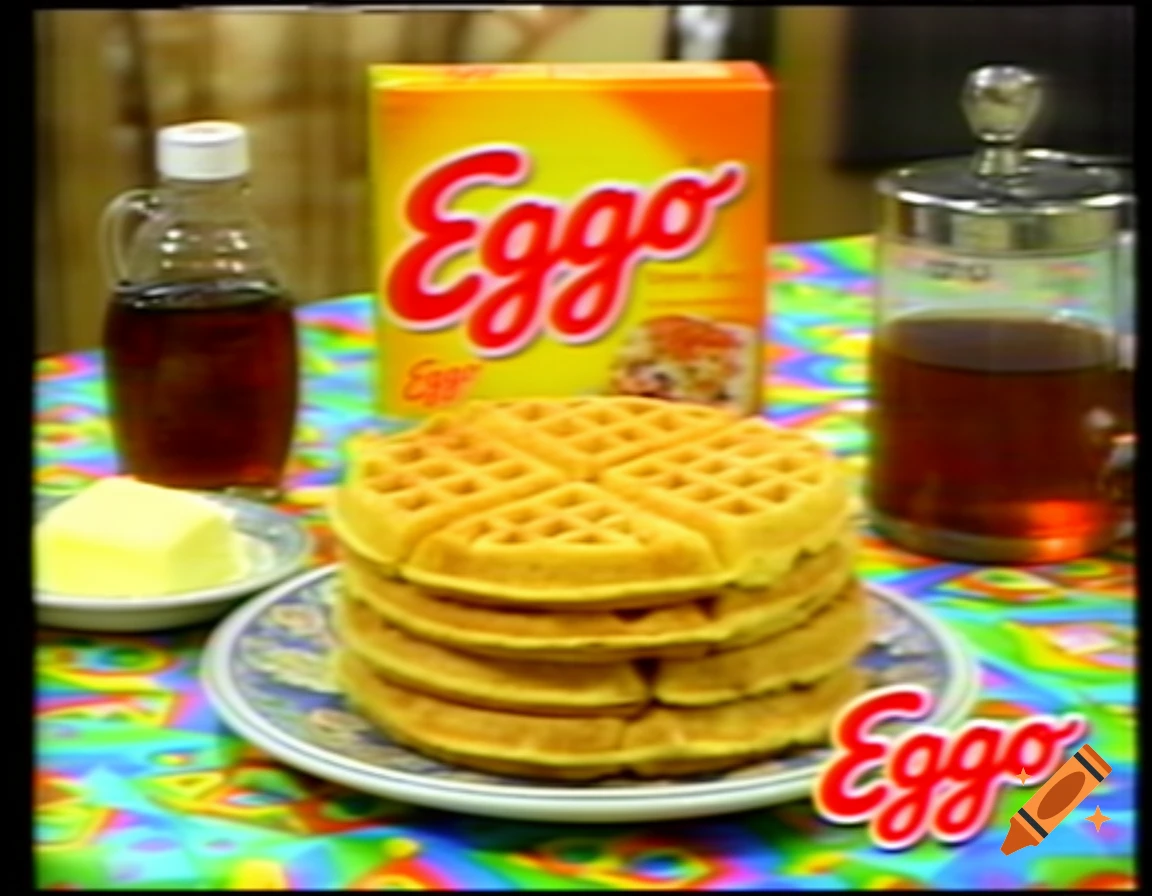 A stack of waffles on a plate with syrup, butter, a tea press, and an Eggo box, styled as a 1999 television commercial.