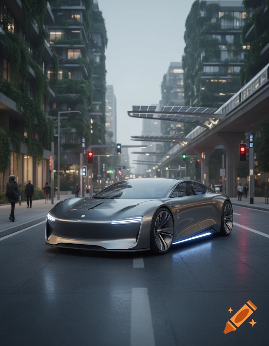 Photorealistic futuristic silver concept car driving on a modern city street lined with tall green buildings.