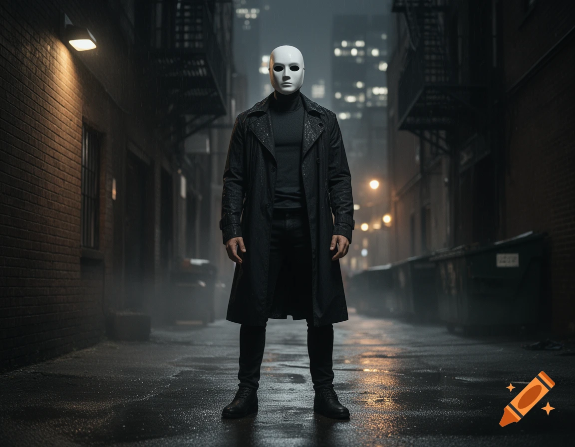 A photorealistic full-body shot of a vigilante wearing a white mask and a black trench coat standing in a dark alley at night.
