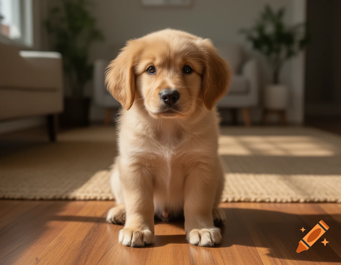Photorealistic close-up of a cute golden retriever puppy sitting on a wooden floor inside a bright room.