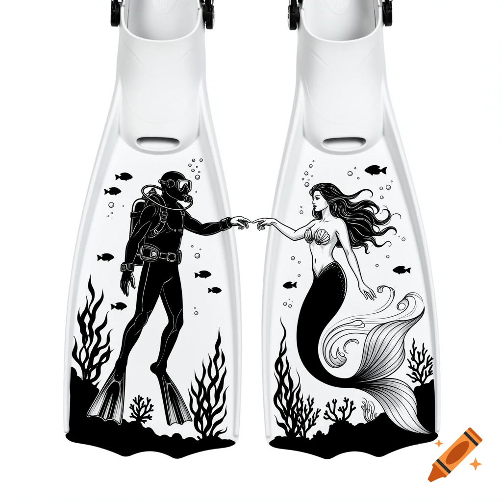 Black and white illustration on white swim fins showing a scuba diver and a mermaid reaching to touch fingertips underwater.
