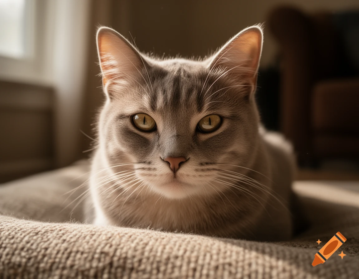 Close-up photorealistic shot of a gray tabby cat resting on a textured blanket indoors.