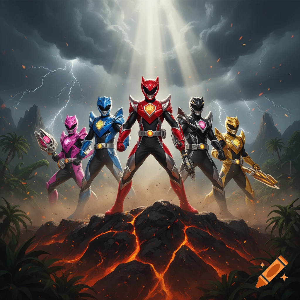 Five Power Rangers in colorful suits posing on a volcanic rock under dramatic stormy skies.