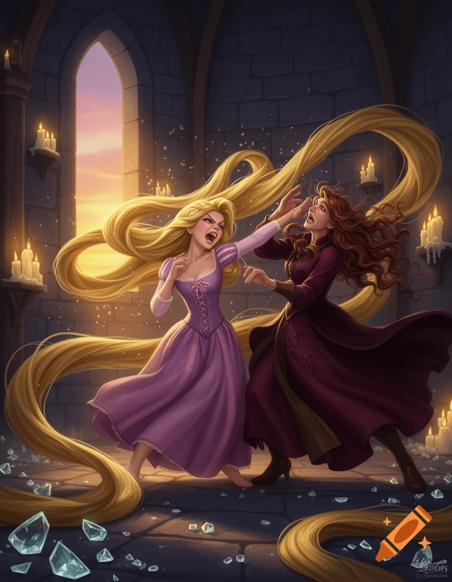 Digital illustration of Rapunzel in a purple dress slapping Mother Gothel in a stone tower with magical long blonde hair.