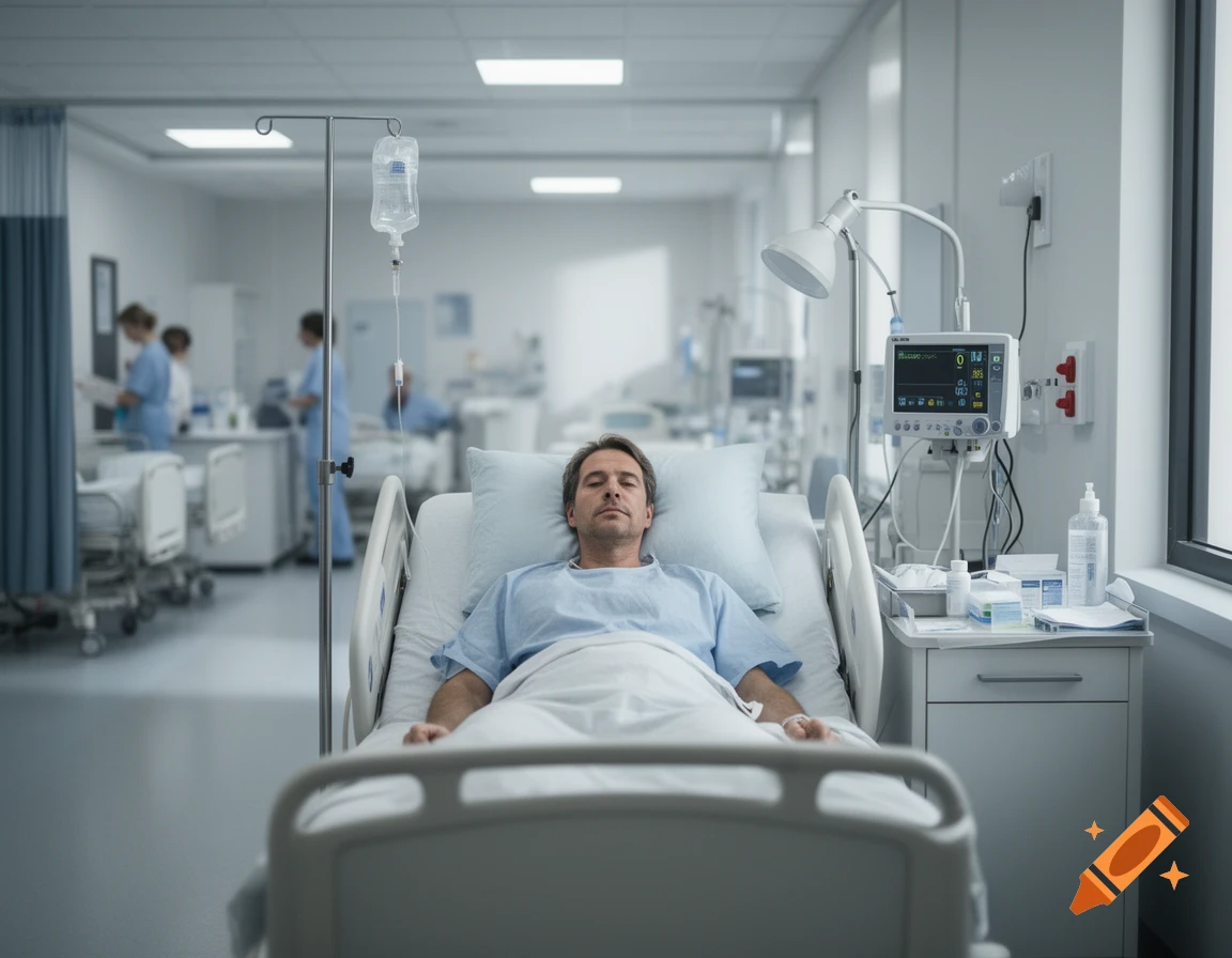 Photorealistic image of a male patient lying in a hospital bed with an IV drip in a hospital ward.