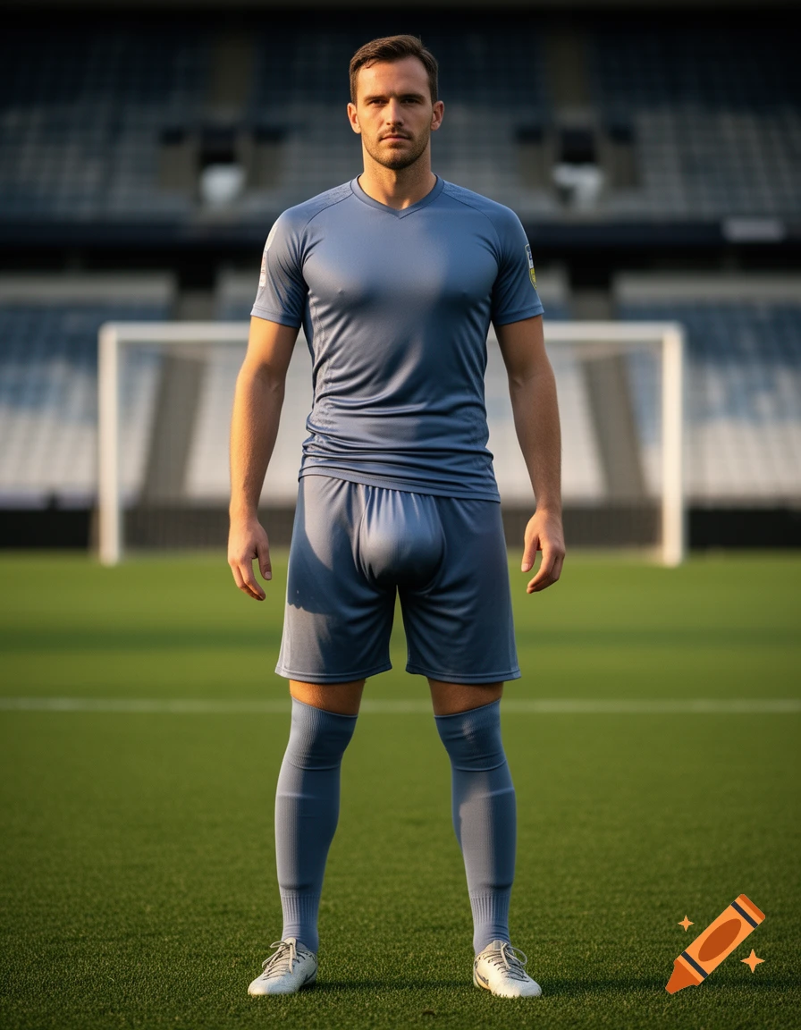 Photorealistic image of a male soccer player standing in a stadium wearing a blue kit.