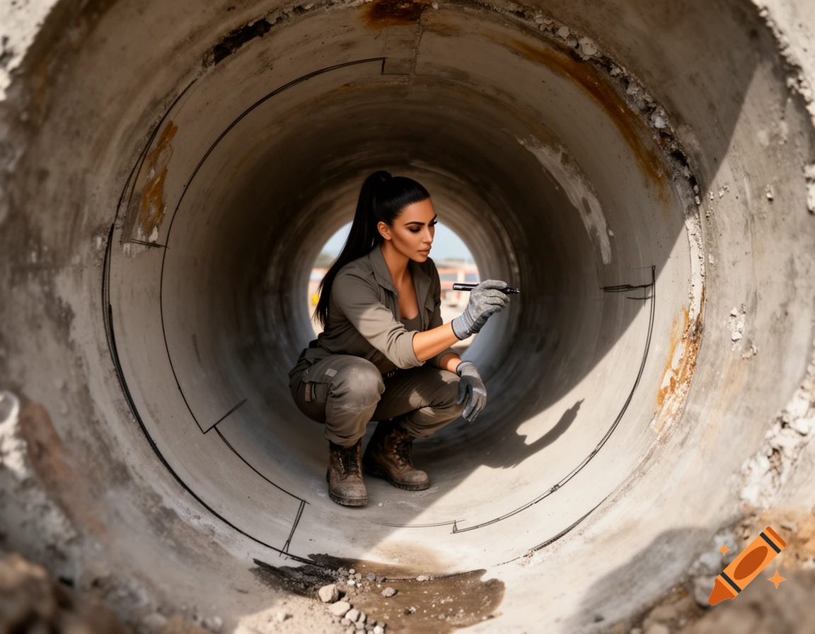 Photorealistic image of a woman resembling Kim Kardashian crouching inside a large concrete drain pipe while outlining it with a marker.
