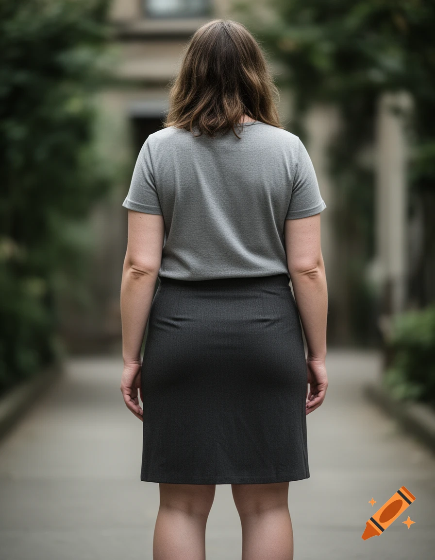 Rear view of a woman wearing a grey t-shirt and dark skirt standing outdoors.
