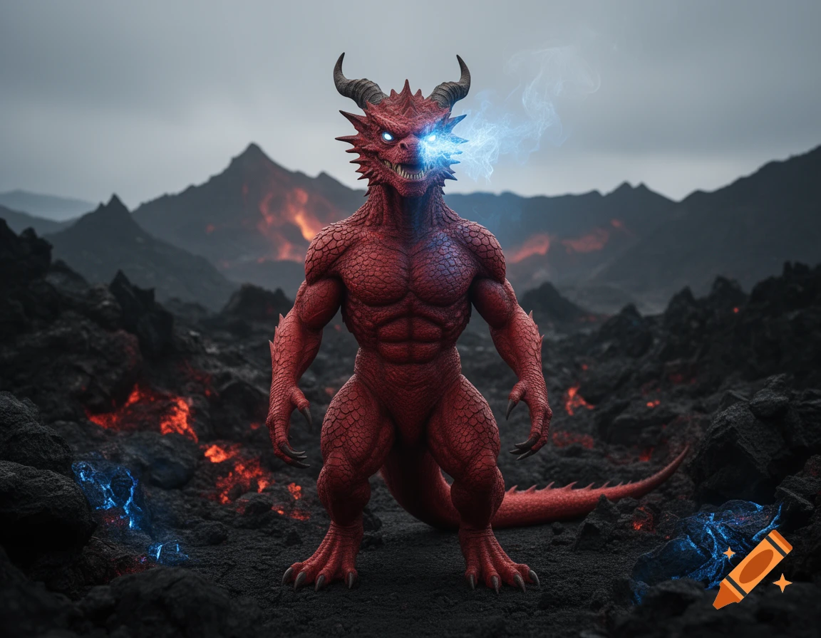 A photorealistic red humanoid dragon with horns and a blue glowing flame coming from its right eye, standing on volcanic ground.