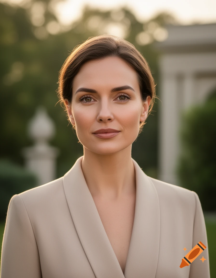 Photorealistic portrait of a woman with dark hair wearing a beige blazer outdoors.