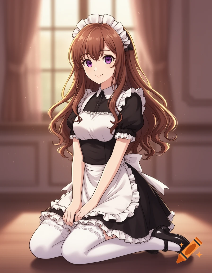 Anime style illustration of a smiling brown-haired maid kneeling on a wooden floor.