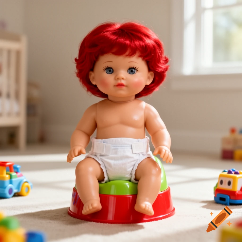 A photorealistic doll with bright red hair wearing a diaper, sitting on a red and green toy potty in a brightly lit room with toys scattered on the carpet.