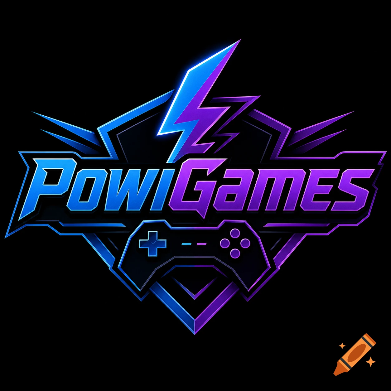 Gaming logo with blue and purple lightning bolt design and the text PowiGames.