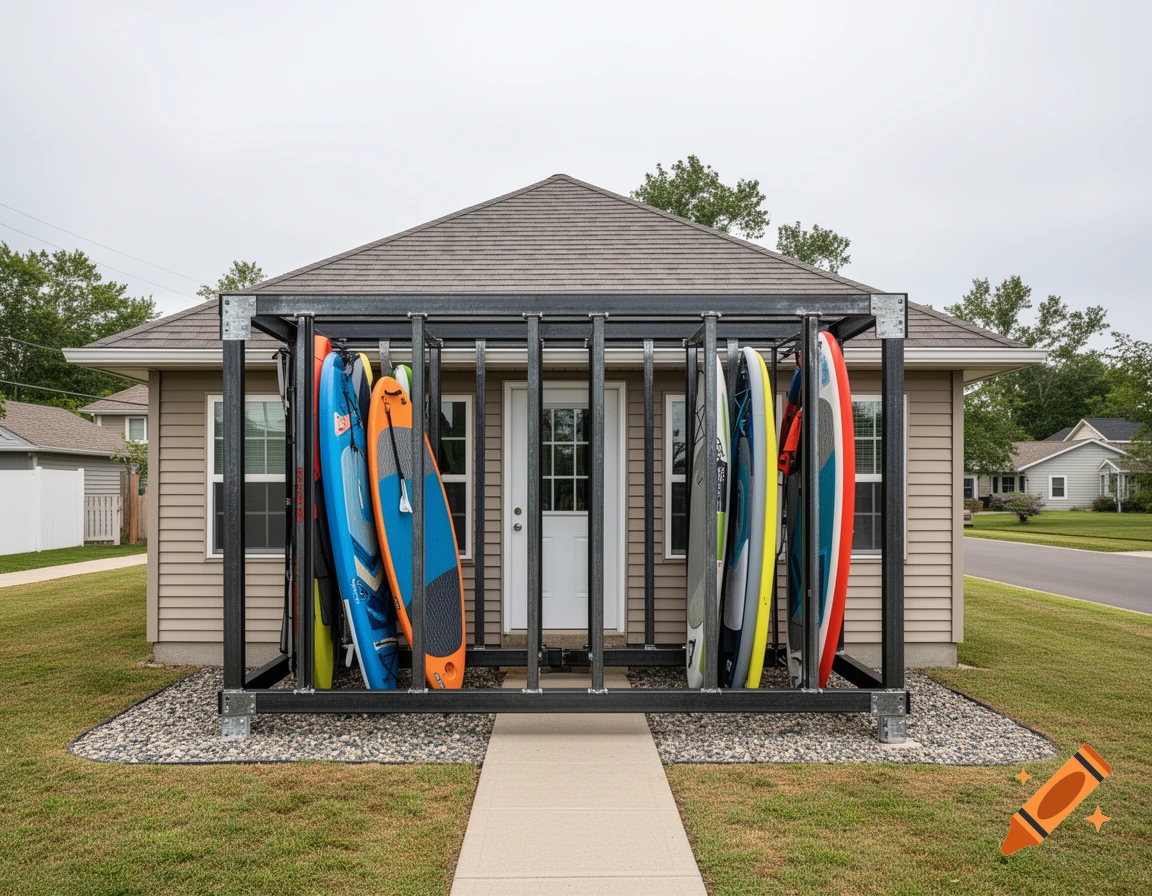 Photorealistic image of a small one-story house with a large steel rack holding colorful kayaks and paddle boards in the front yard.