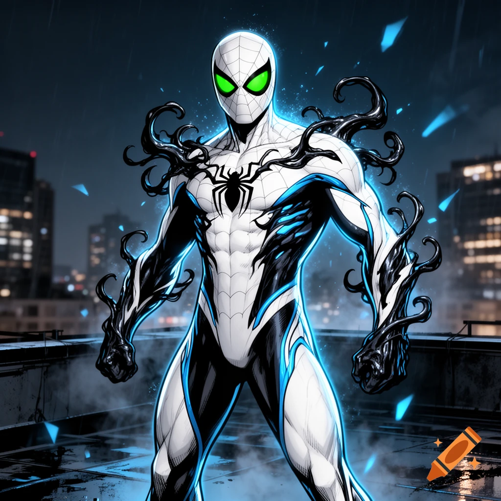 Comic book style illustration of Spider-Man in a white and black symbiote suit with glowing green eyes and blue highlights standing on a rooftop.