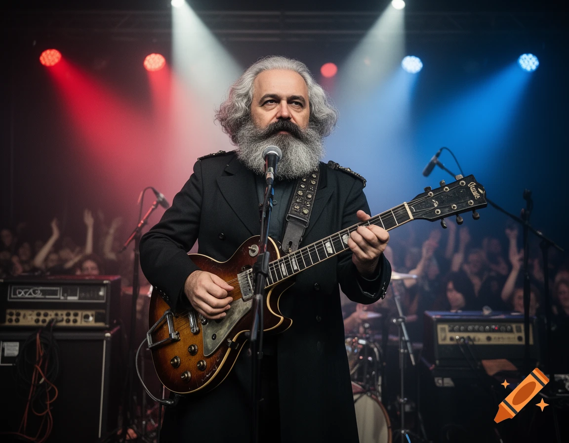 Photorealistic image of Karl Marx performing rock music on a stage with a guitar.