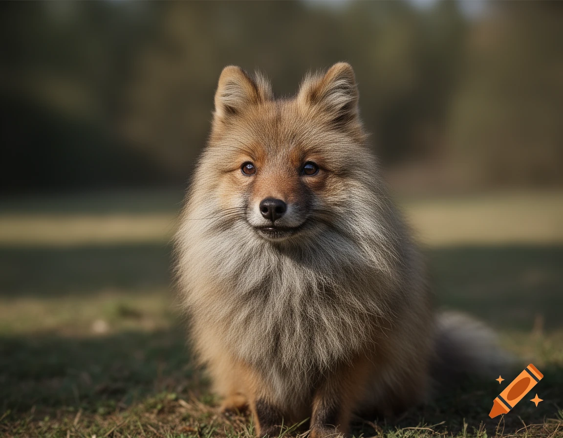 Photorealistic image of a fluffy brown dog sitting in a grassy field with a blurred background.