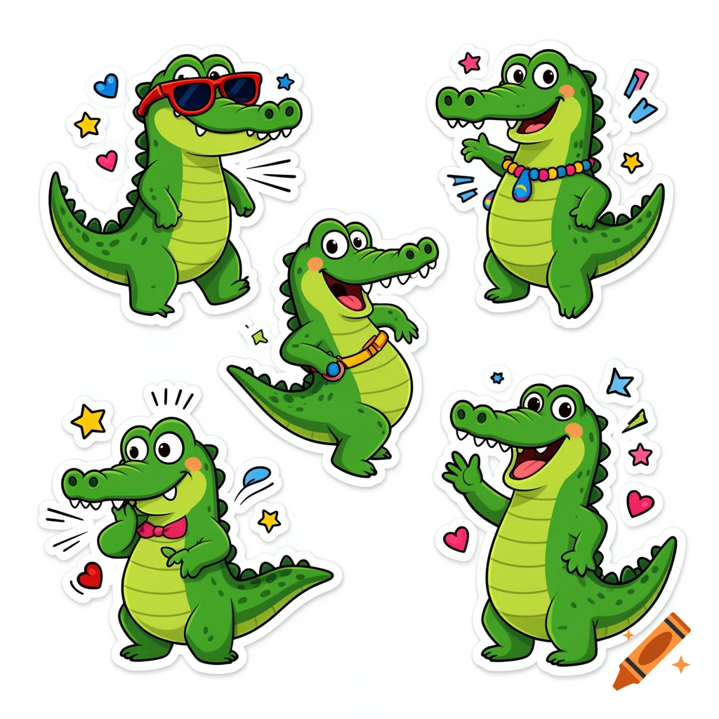 Cartoon sticker sheet featuring cute green crocodiles in various poses with sunglasses and accessories.