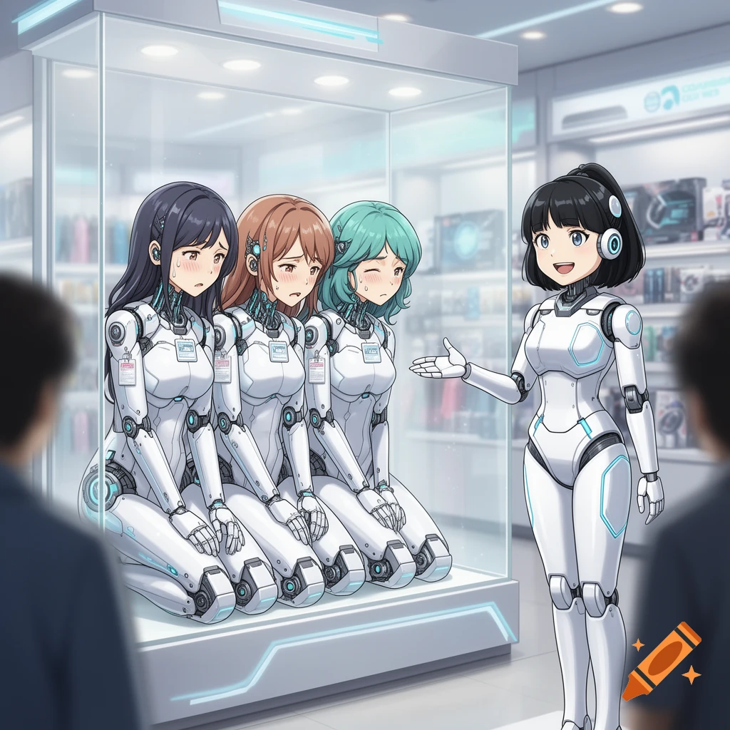 Anime style illustration of three worried cyborg women kneeling in a glass display case while a cheerful robot saleswoman presents them.