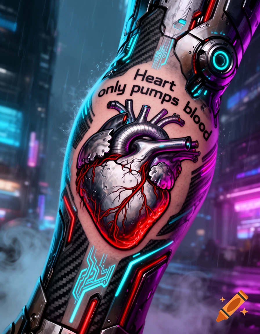 Cyberpunk prosthetic arm featuring a realistic heart tattoo with the quote Heart only pumps blood, set against a neon city background.