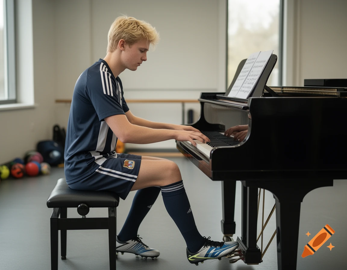 A blonde young man in soccer uniform playing a grand piano in a room, photorealistic.