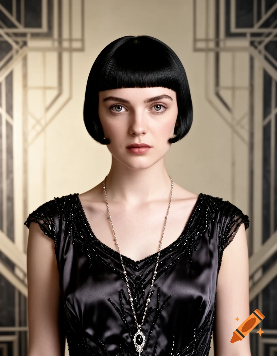 Photorealistic portrait of a woman with a black bob haircut and a vintage black beaded flapper dress in an Art Deco setting.