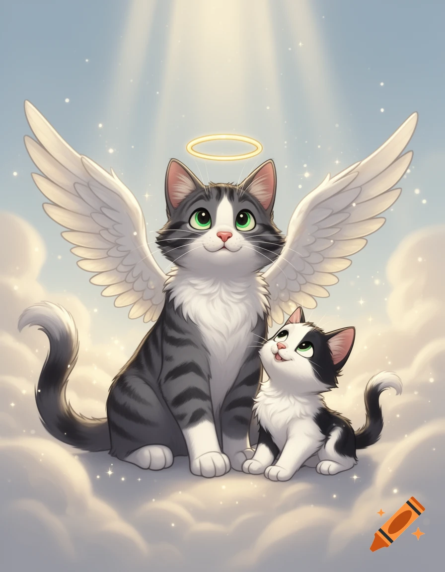 Animated illustration of a gray and white tuxedo cat with angel wings and a halo, sitting in the clouds next to a small black and white kitten.
