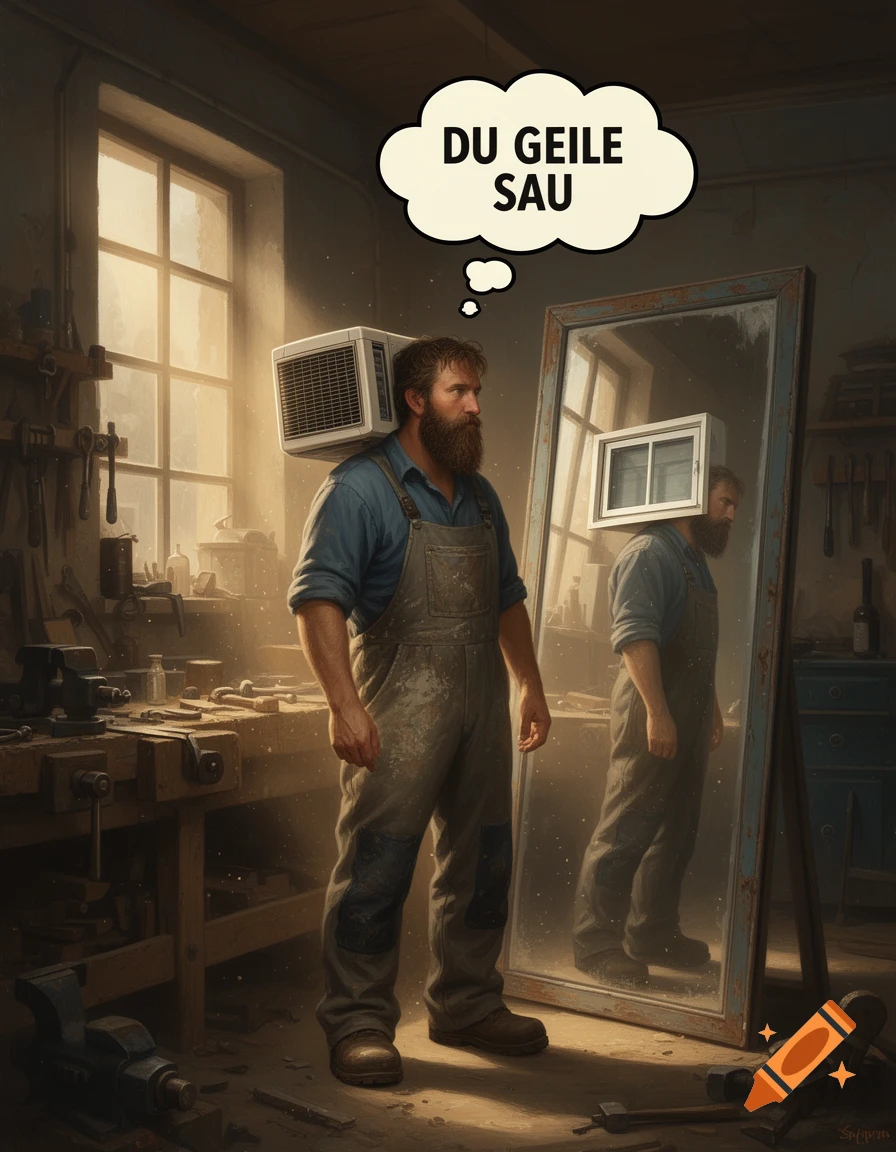 A bearded craftsman with an air conditioner on his shoulder looks into a mirror reflecting a small window instead, with a thought bubble reading 'DU GEILE SAU'.