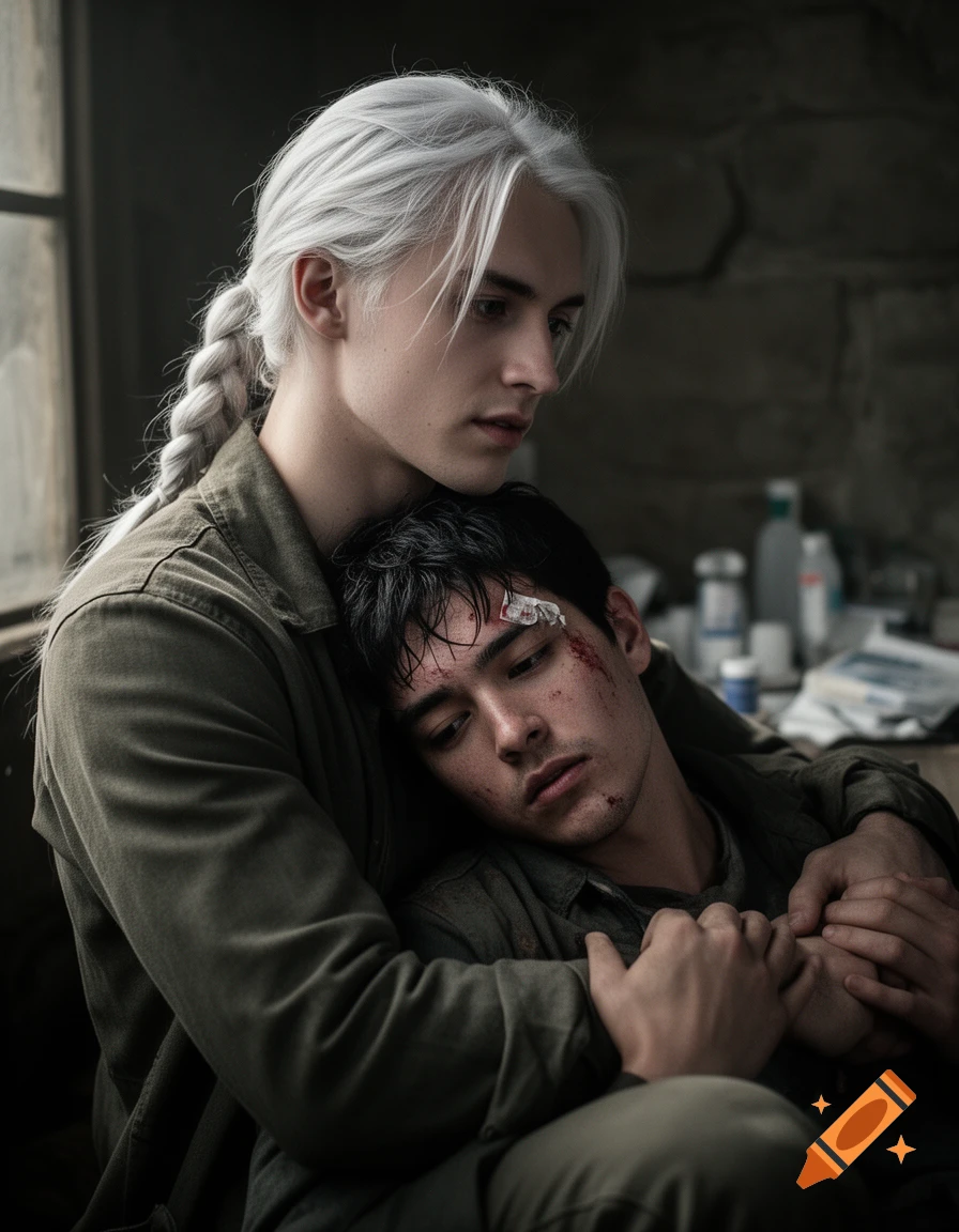 Photorealistic image of a white-haired young man with a braid holding an injured, wounded man with black hair in his arms.