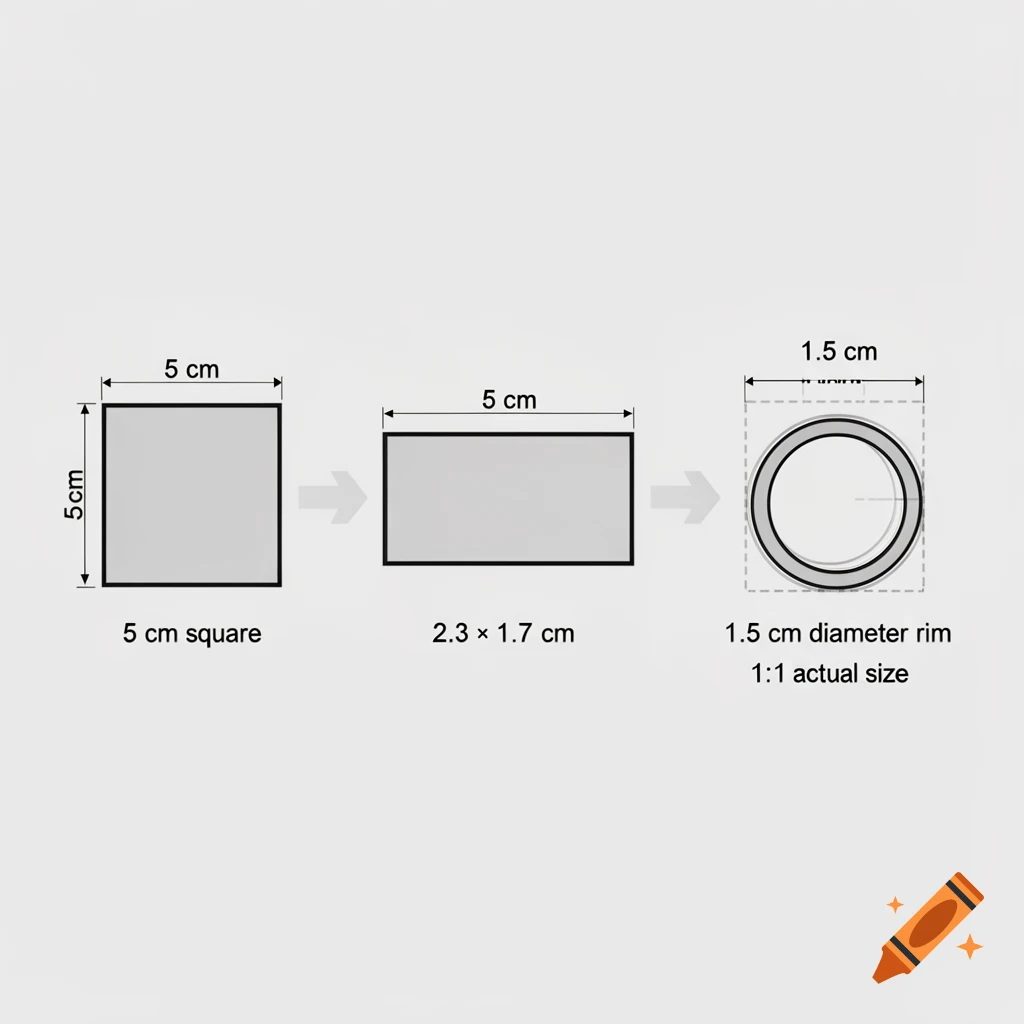 Technical diagram showing the size transformation from a 5cm square to a 1.5cm diameter rim.