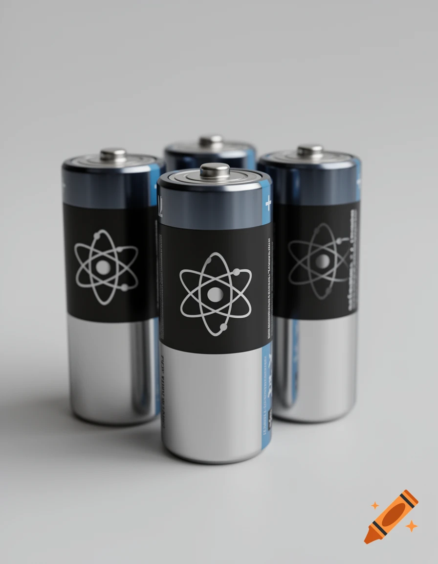 Photorealistic 3D render of four AA batteries with black wrappers featuring atom symbols.