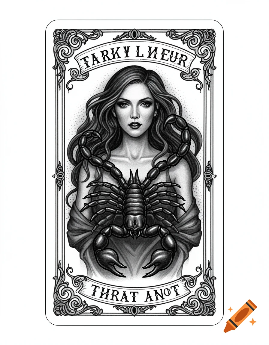 Black and white tarot card illustration featuring a beautiful long-haired woman holding a large scorpion across her chest.