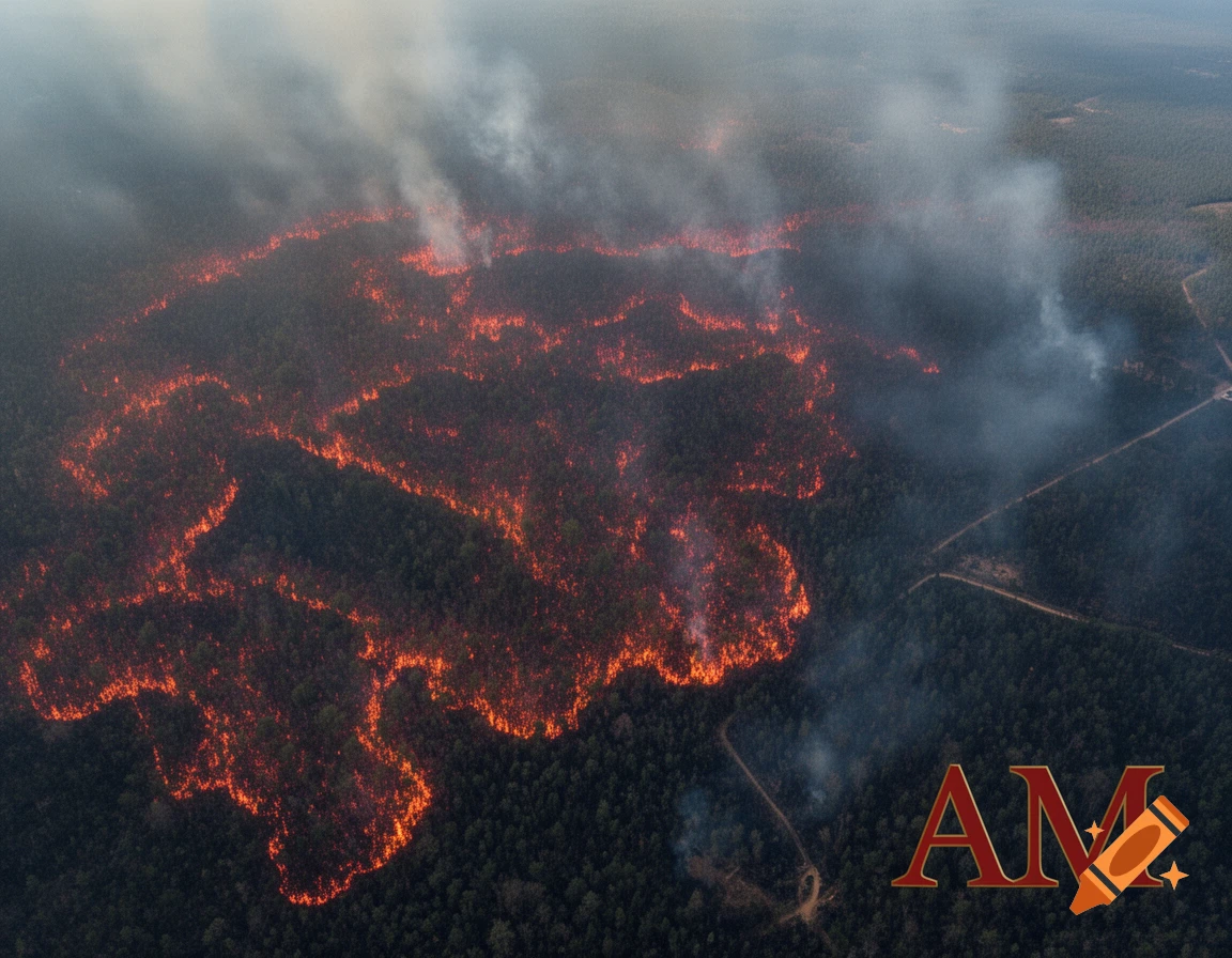 Aerial view of a dense forest fire with smoke rising, featuring the letters AM in the bottom right.