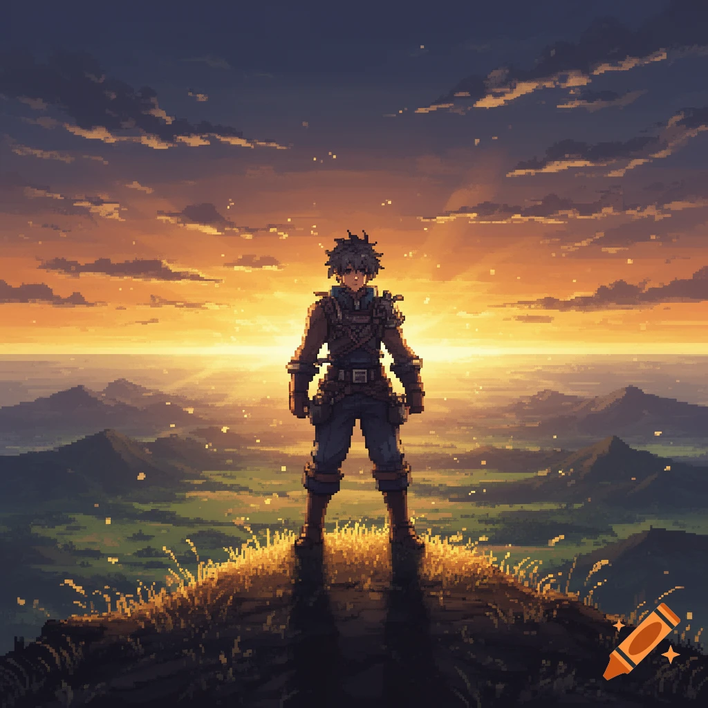 Pixel art of an anime character standing on a cliff overlooking a vast landscape at sunset.