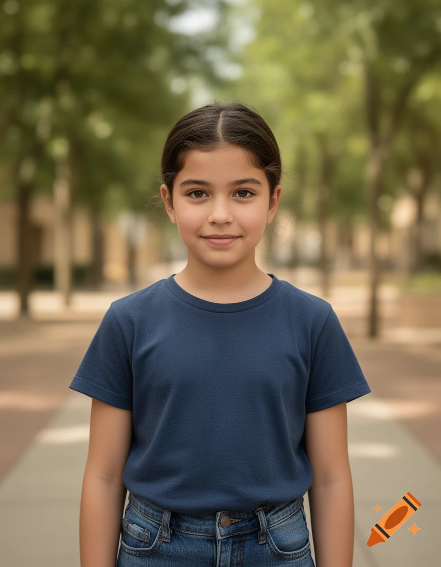 Photorealistic portrait of a young girl with dark hair and a blue t-shirt standing outdoors with a blurred background of trees.