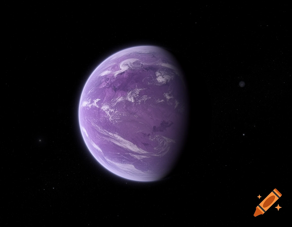 A photorealistic purple planet with swirling clouds in the vastness of dark, starry space.