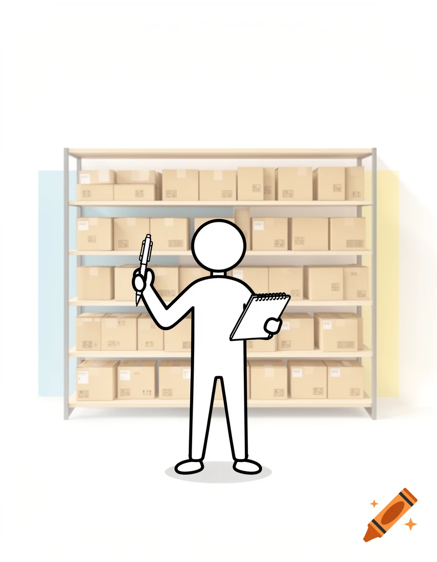 A stick figure holding a pen and clipboard stands in front of a shelf stocked with cardboard boxes, minimalist illustration style.