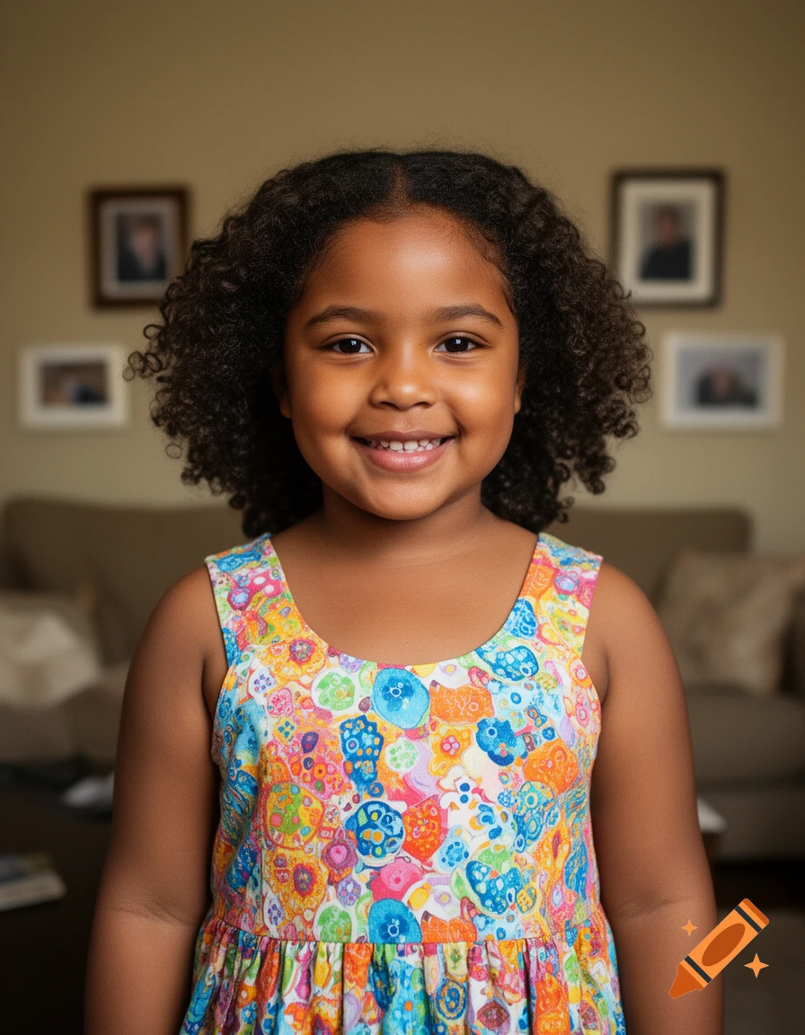 Portrait of a smiling young Black girl with curly hair wearing a colorful patterned dress.
