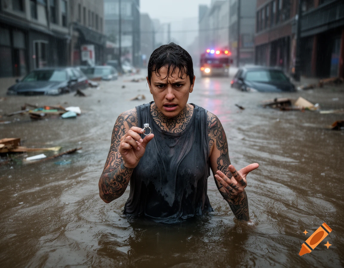 Photorealistic image of a tattooed person holding an engagement ring while standing in a flooded city street.