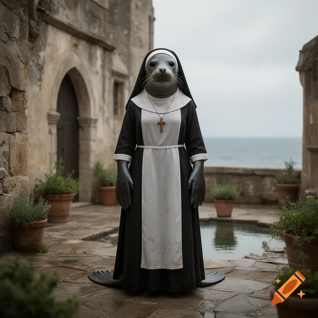 Photorealistic image of a humanoid seal dressed as a Catholic nun, standing in a stone courtyard with potted plants.
