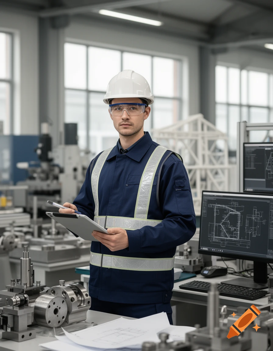 Photorealistic image of a male engineer in a factory wearing a hard hat, safety glasses, and reflective vest, holding a tablet.