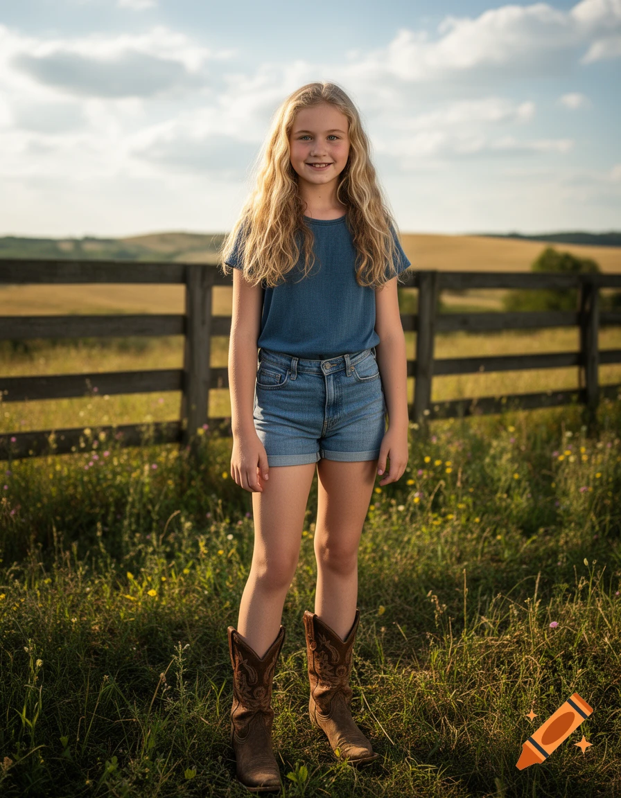 Photorealistic full-length portrait of a young blonde girl in shorts and cowgirl boots standing in a field.