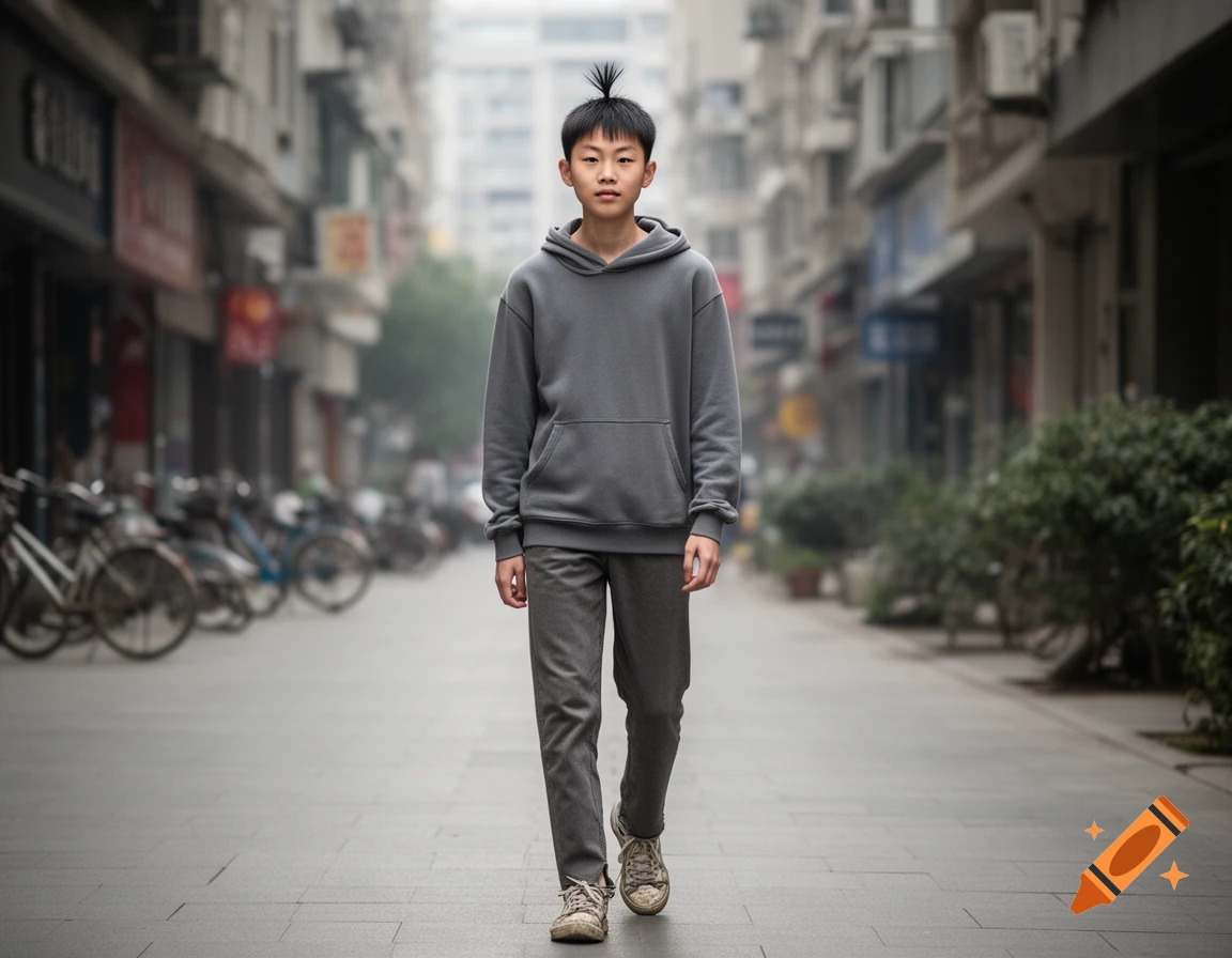 Photorealistic shot of a young male with a tuft of hair standing up, walking on a city street between buildings.