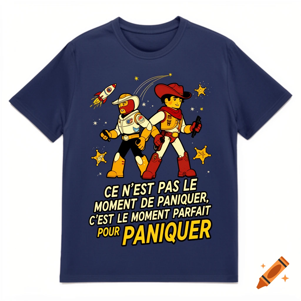 A navy blue t-shirt with a retro cartoon illustration of a space ranger and cowboy and French text below.