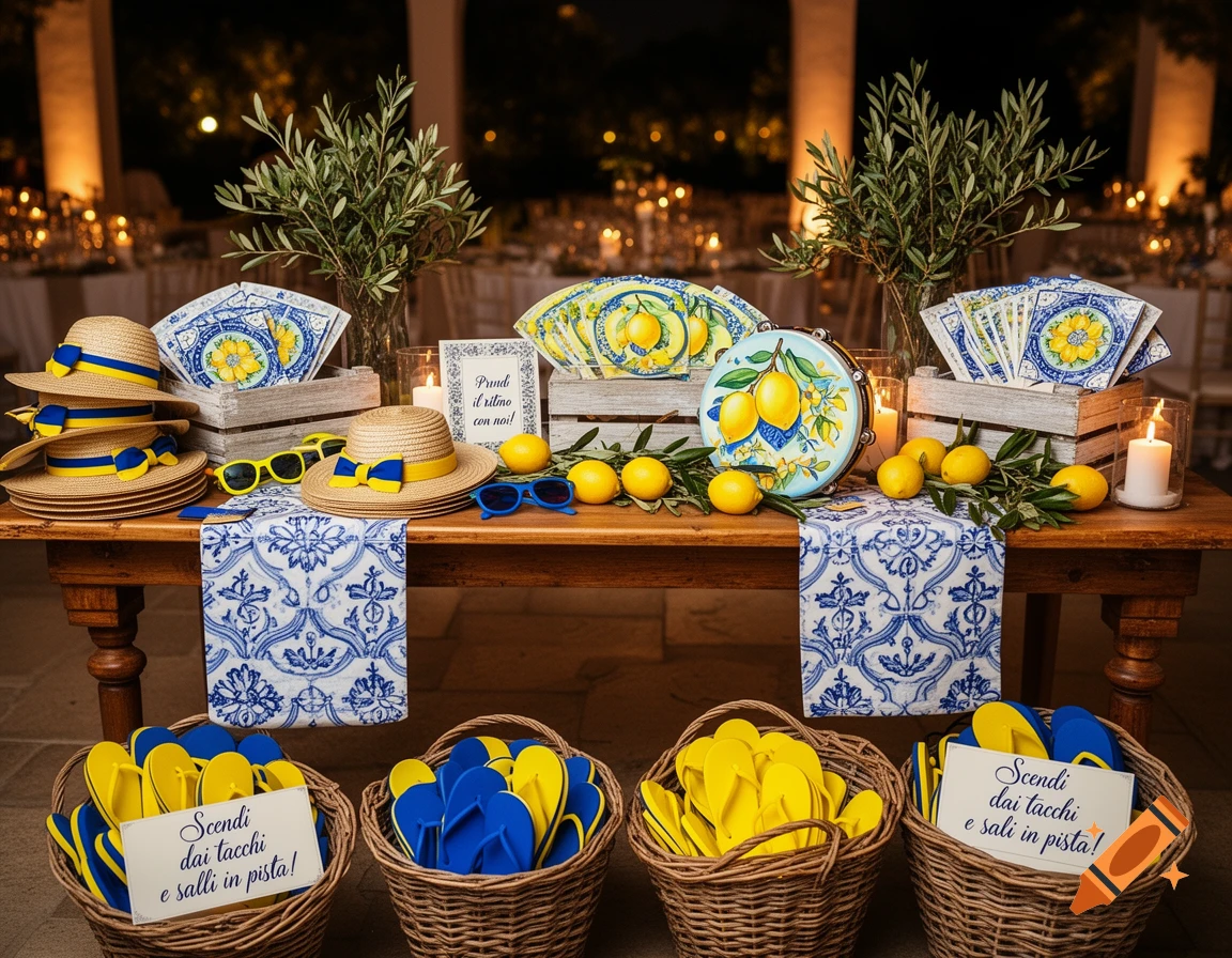 Amalfi Coast themed wedding favor table with straw hats, lemons, tambourines, blue majolica runners, and baskets of flip-flops. Photorealistic.