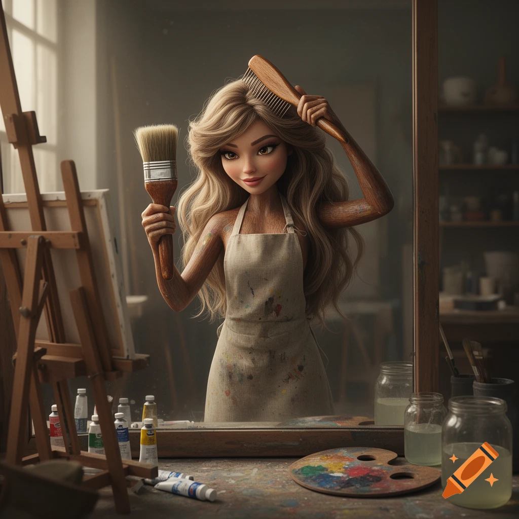 An anthropomorphic female paintbrush with a wooden body and blonde hair combs her hair in front of a mirror in an artist's studio.